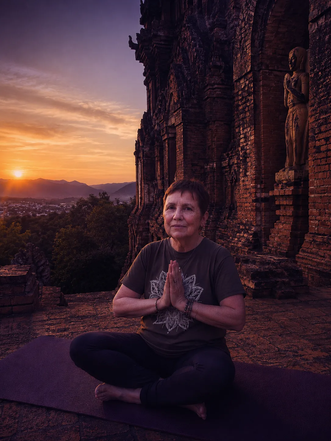 Marité Balland Poumarat - Yoga à Metz Marité Balland Poumarat, professeure de yoga certifiée à Metz, en posture de méditation.